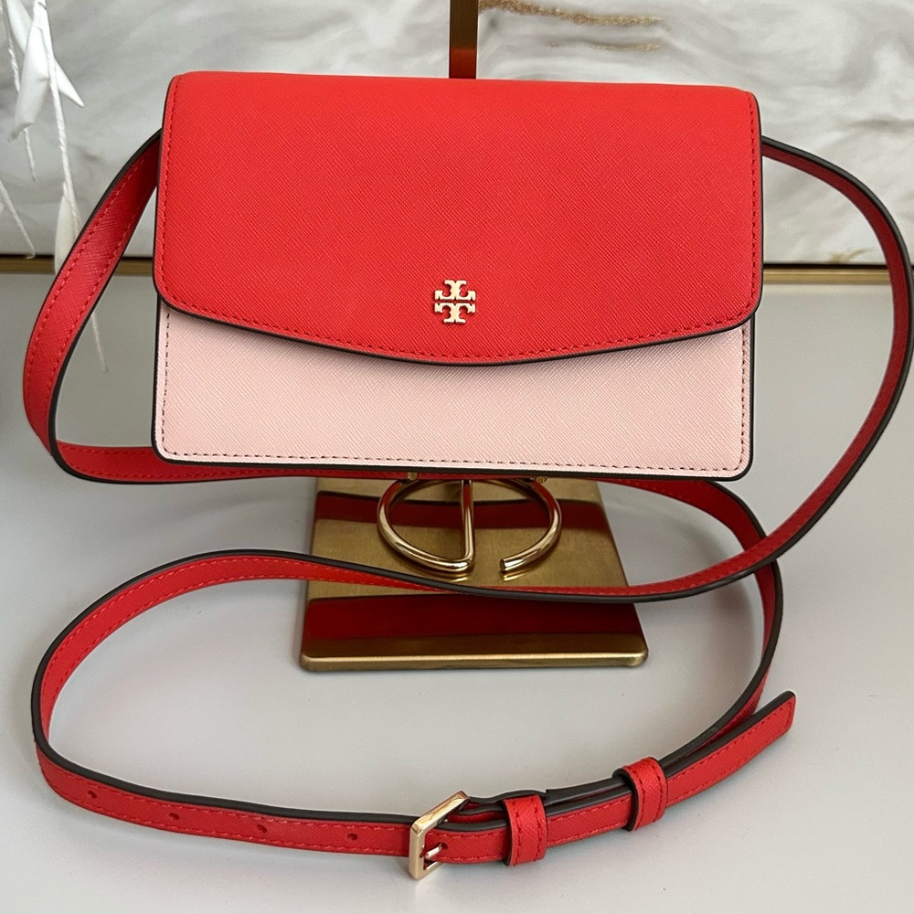 Like New Tory Burch EMERSON COLOR BLOCK MINI in BRIGHT SAMBA /PINK QUARTZ - Picture 3 of 12